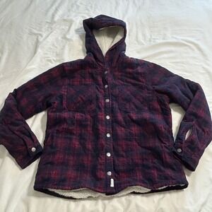 Soho Threads Womens Plaid Corduroy Sherpa Lined Hooded Shacket Jacket Burgundy M